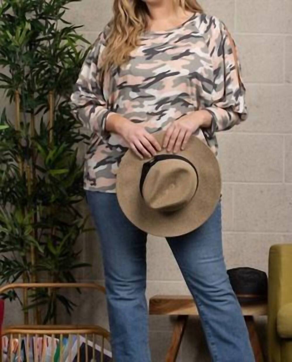 NEW CREPAS soft knit open shoulder top in camo